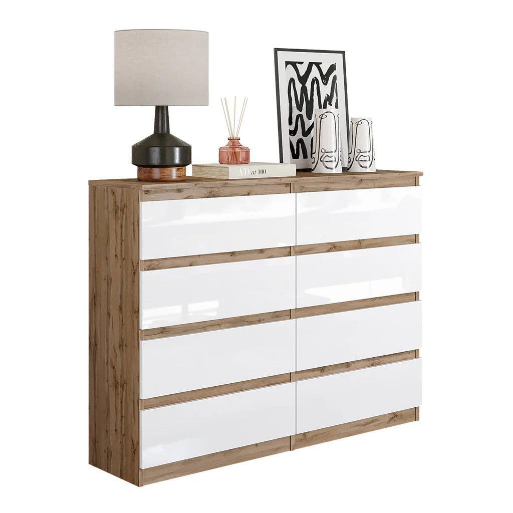 GABRIEL - Commode 8 Tiroirs - Buffet de Chevet - H92 cm L120 cm P33 cm (Chêne Wotan / Blanc Brillant)