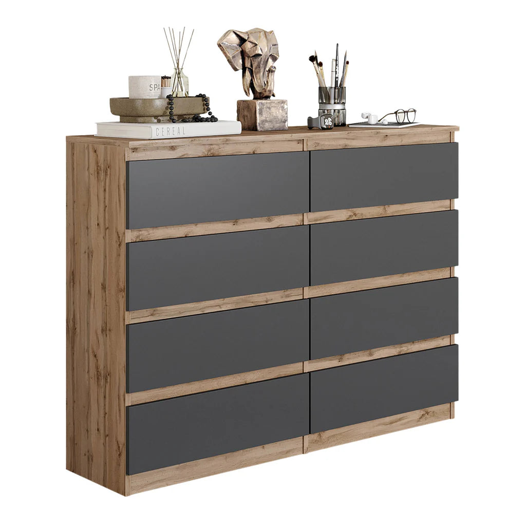 GABRIEL - Commode 8 Tiroirs - Buffet de Chevet - H92 cm L120 cm P33 cm (Chêne Wotan / Anthracite)