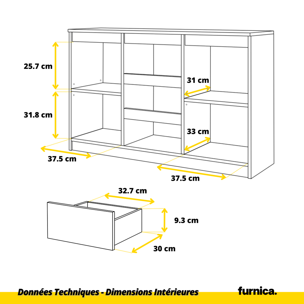 MIKEL - Commode 3 Tiroirs et 2 Portes - Armoire de Rangement pour Couloir/Chambre à Coucher - Buffet - H75cm L120cm P35cm (Blanc/Chêne Sonoma)