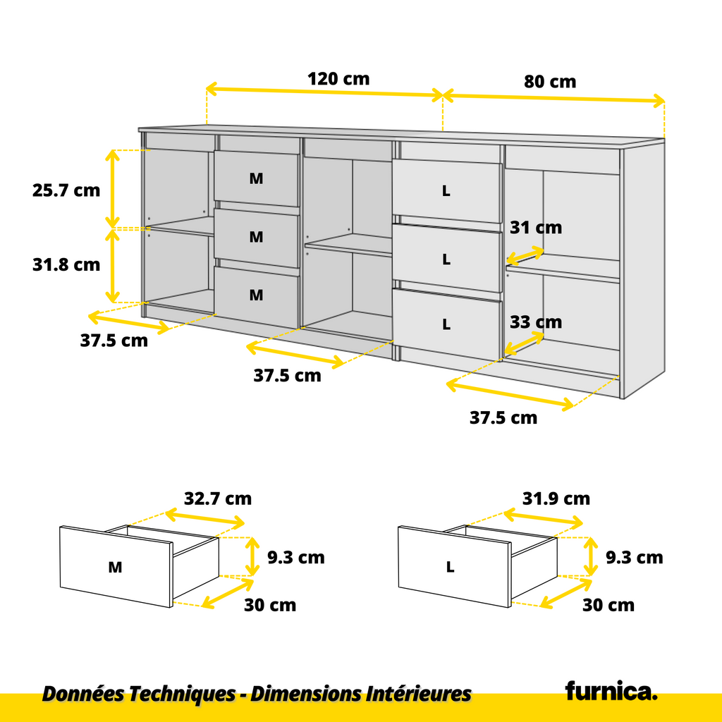 MIKEL - Commode 6 Tiroirs et 3 Portes - Armoire de Rangement pour Couloir / Chambre à Coucher - Buffet - Chêne Sonoma / Noir Brillant H75cm L200cm P35cm