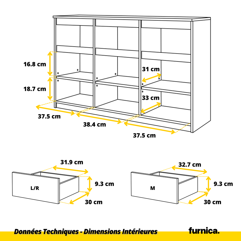 NOAH - Commode 3 Tiroirs et 3 Portes - Meuble de Rangement pour Couloir/Chambre - Buffet - H75cm L120cm P35cm (Chêne Sonoma/Blanc Brillant)