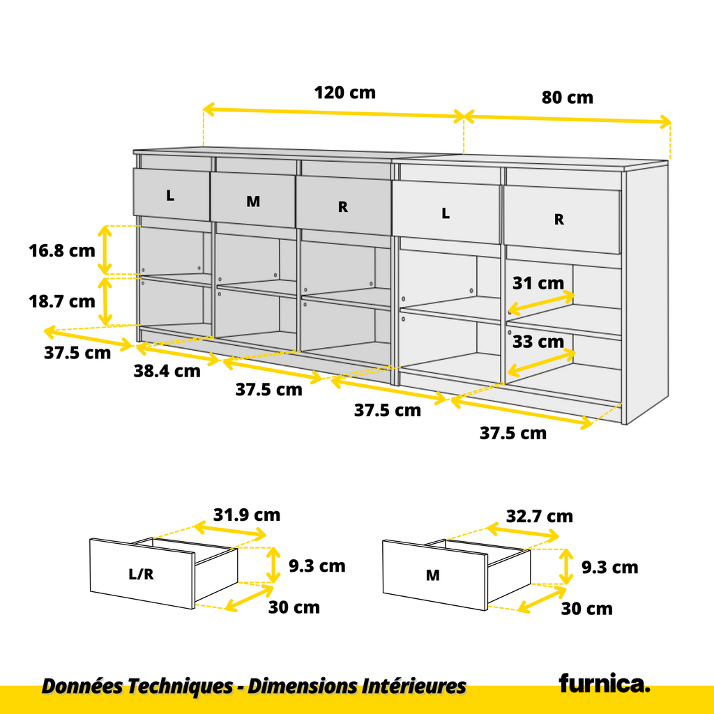 NOAH - Commode 5 Tiroirs et 5 Portes - Armoire de Rangement pour Couloir / Chambre à Coucher - Buffet - Chêne Sonoma / Blanc Brillant H75cm L200cm P35cm