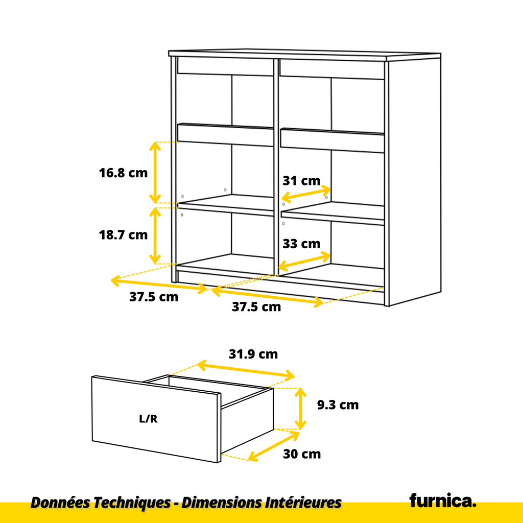 NOAH - Commode 2 Tiroirs et 2 Portes - Meuble de Rangement pour Couloir / Chambre - Buffet - H75cm L80cm P35cm (Anthracite / Blanc Brillant)