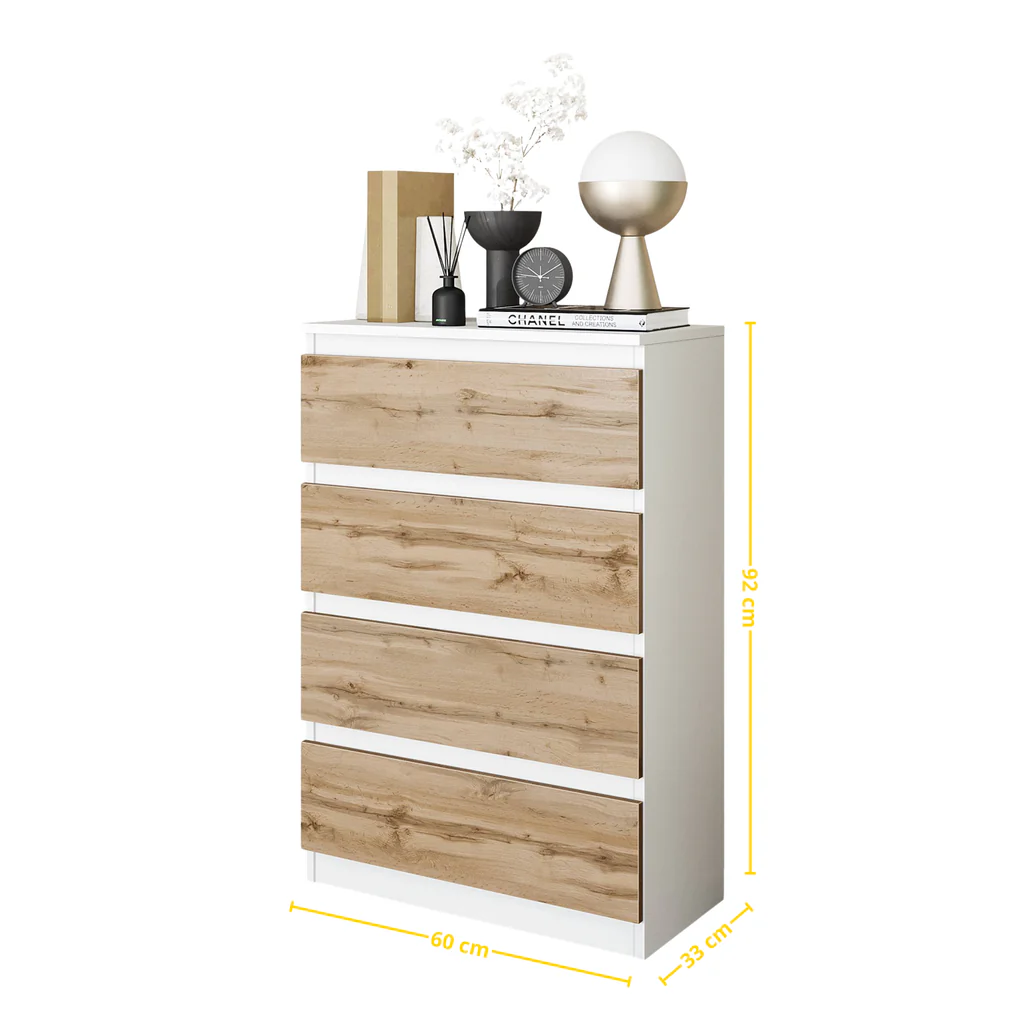 GABRIEL - Commode 4 Tiroirs - Table de Chevet Buffet - H92cm L60cm P33cm (Blanc / Chêne Wotan)
