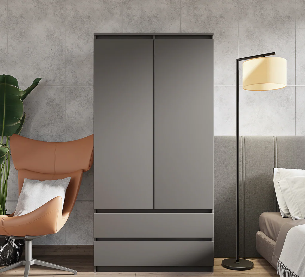 JOELLE - Armoire 2 Portes avec 2 Tiroirs - Anthracite H180cm L90cm P50cm