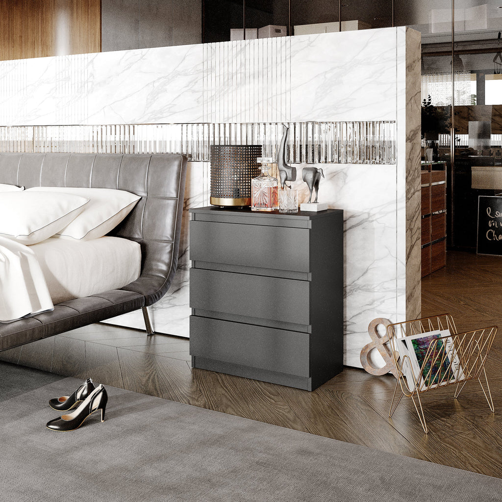 GABRIEL - Commode / Table de Chevet - 3 Tiroirs –  Anthracite – H72cm L60cm P33cm