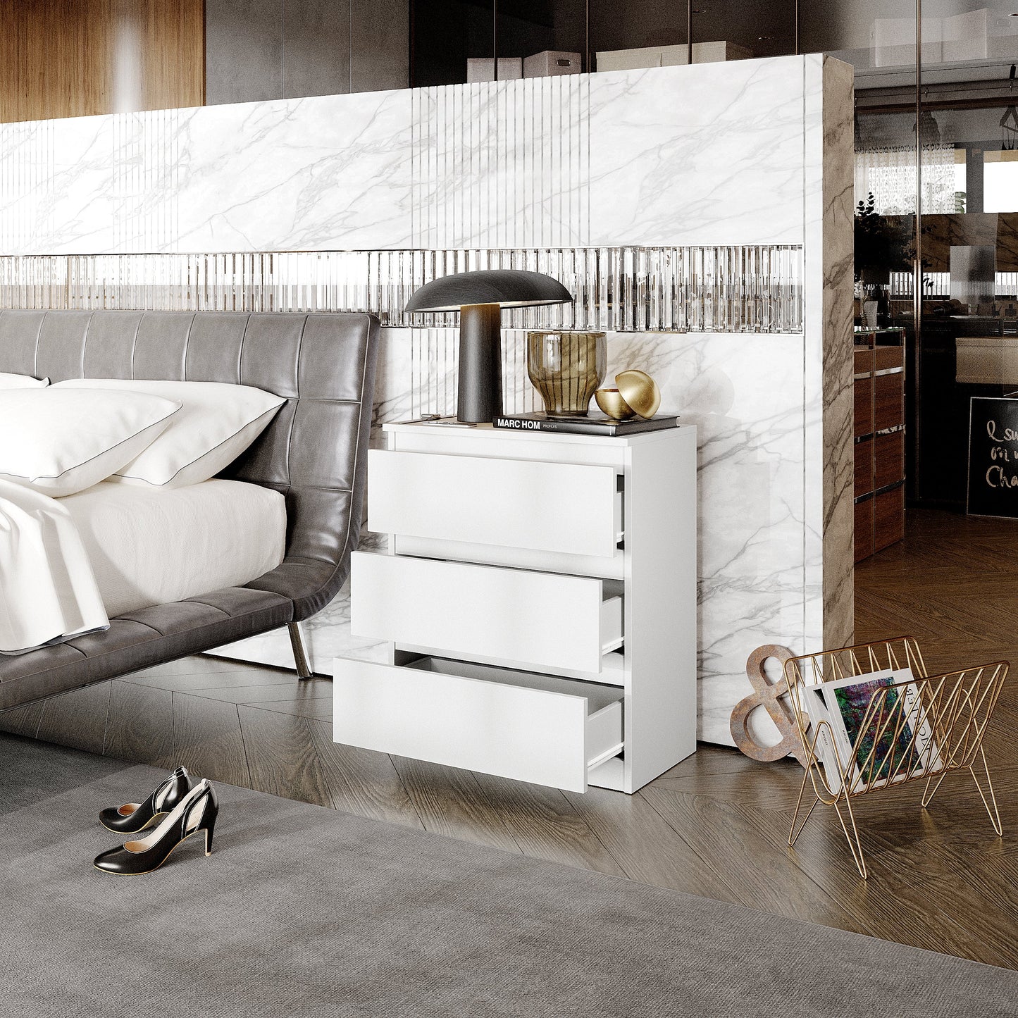 GABRIEL - Commode / Table de Chevet - 3 Tiroirs –  Blanc Mat – H72cm L60cm P33cm