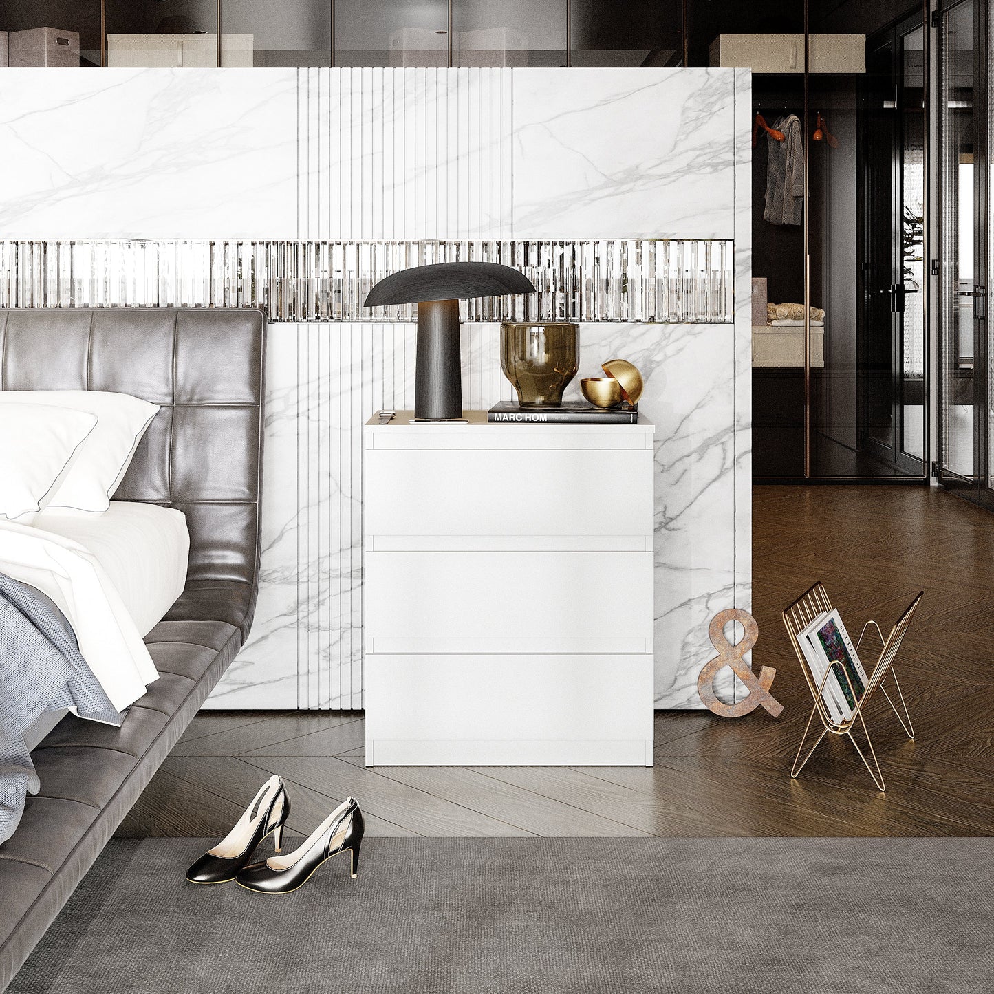 GABRIEL - Commode / Table de Chevet - 3 Tiroirs –  Blanc Mat – H72cm L60cm P33cm