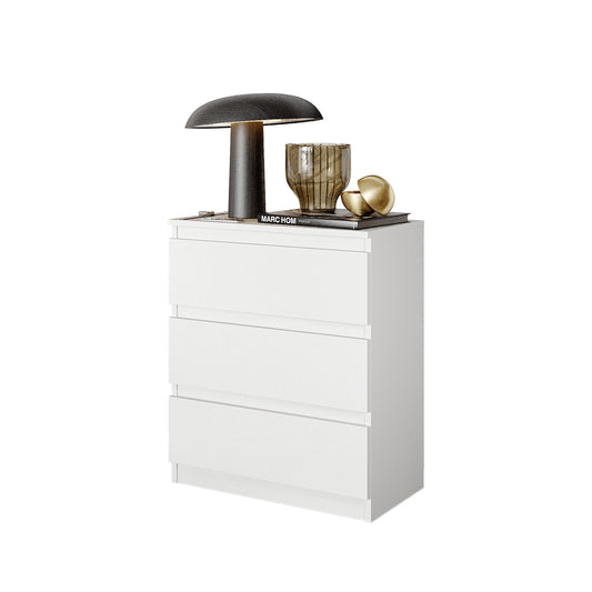 GABRIEL - Commode / Table de Chevet - 3 Tiroirs –  Blanc Mat – H72cm L60cm P33cm