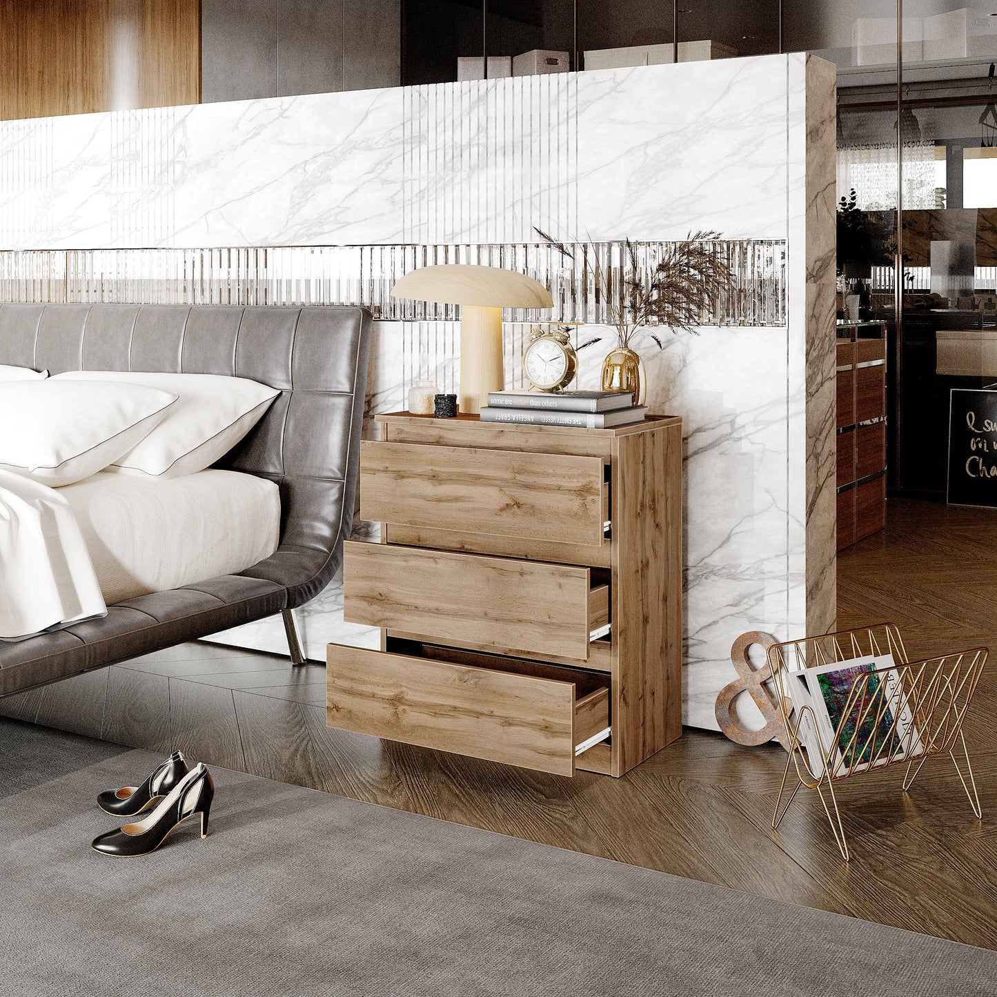 GABRIEL - Commode / Table de Chevet - 3 Tiroirs –  Chêne Wotan – H72cm L60cm P33cm