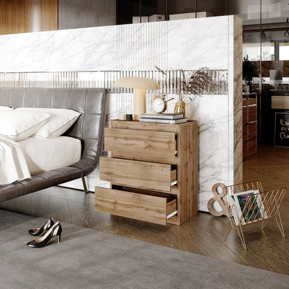 GABRIEL - Commode / Table de Chevet - 3 Tiroirs –  Chêne Wotan – H72cm L60cm P33cm