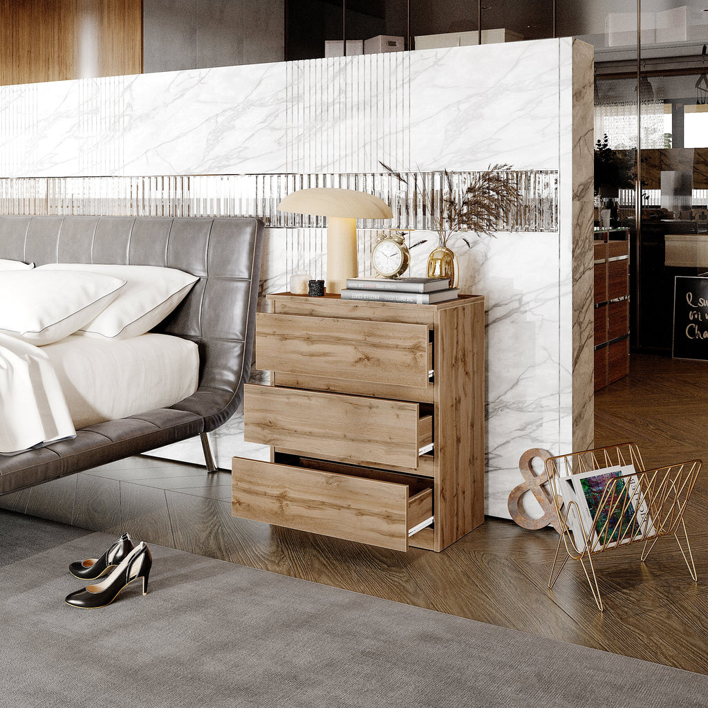 GABRIEL - Commode / Table de Chevet - 3 Tiroirs –  Chêne Wotan – H72cm L60cm P33cm