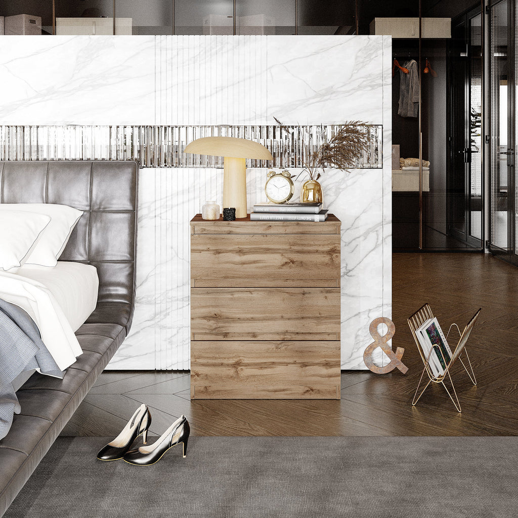 GABRIEL - Commode / Table de Chevet - 3 Tiroirs –  Chêne Wotan – H72cm L60cm P33cm