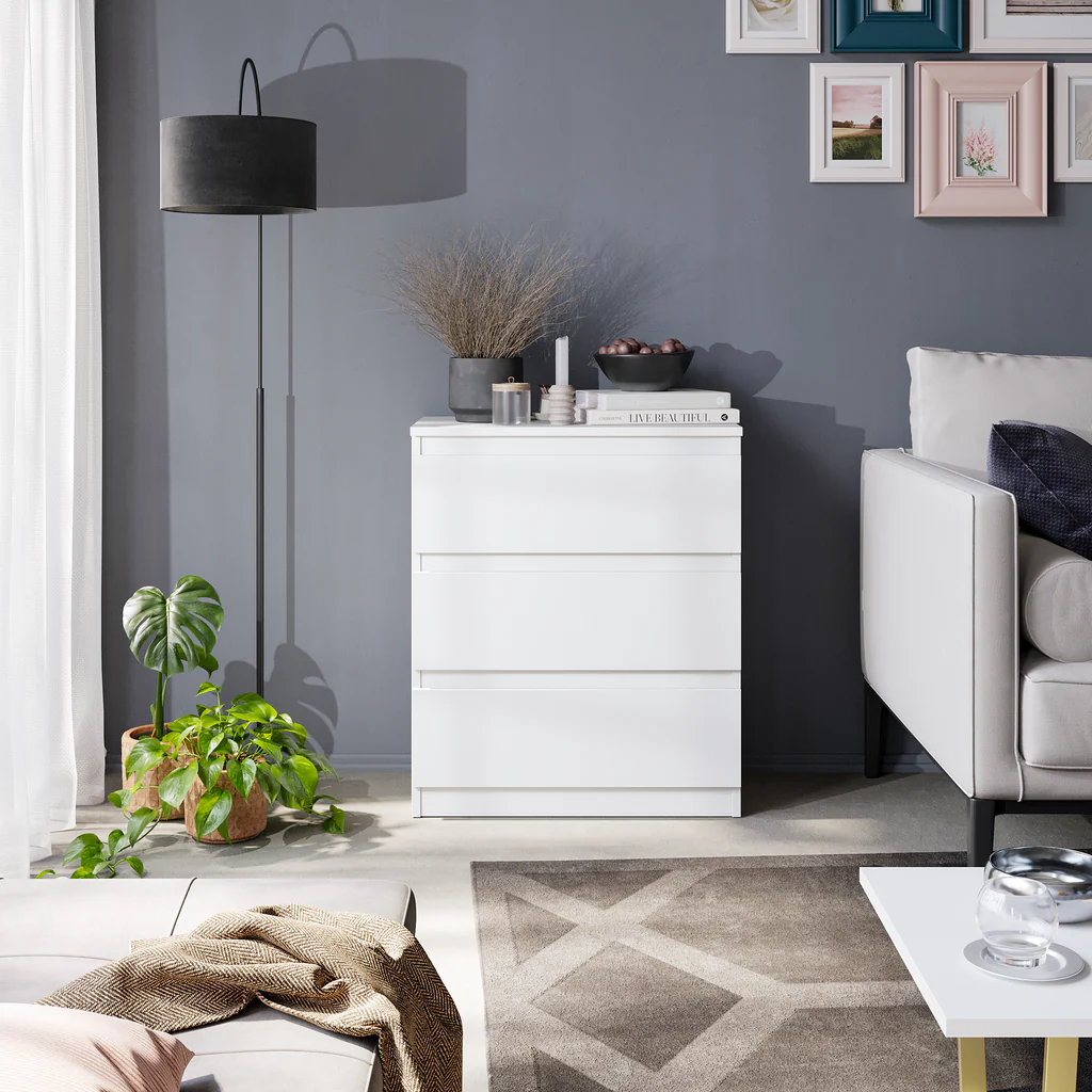 GABRIEL - Commode / Table de Chevet - 3 Tiroirs –  Blanc Mat – H72cm L60cm P33cm