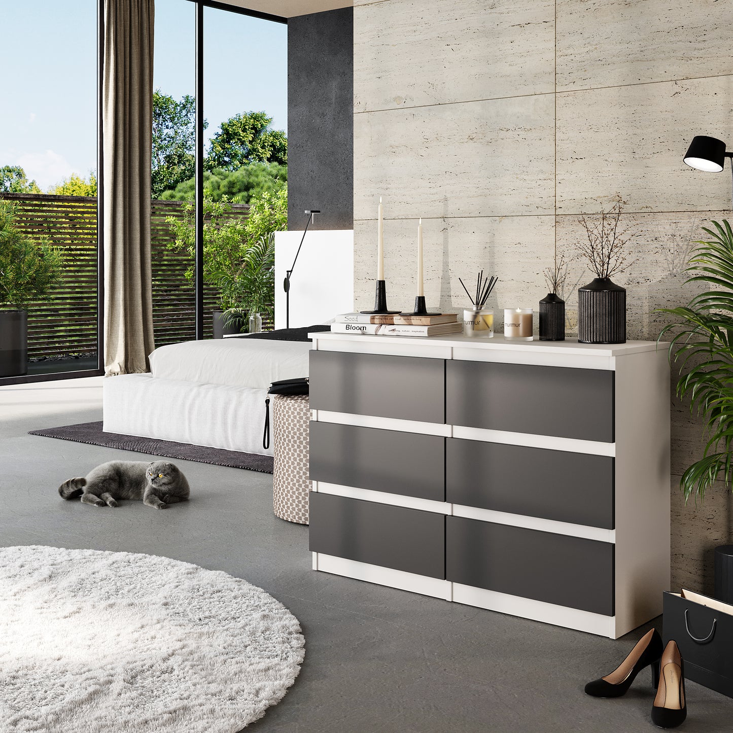 GABRIEL - Commode 6 Tiroirs - Buffet de Chevet - H71 cm L100 cm P33 cm (Blanc Matt / Anthracite)