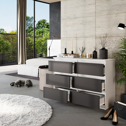 GABRIEL - Commode 6 Tiroirs - Buffet de Chevet - H71 cm L100 cm P33 cm (Blanc Matt / Anthracite)