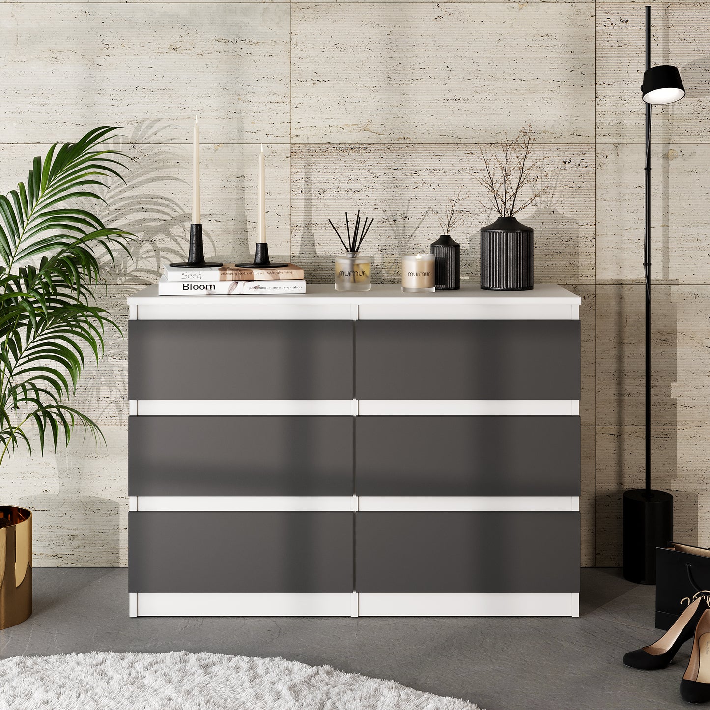 GABRIEL - Commode 6 Tiroirs - Buffet de Chevet - H71 cm L100 cm P33 cm (Blanc Matt / Anthracite)
