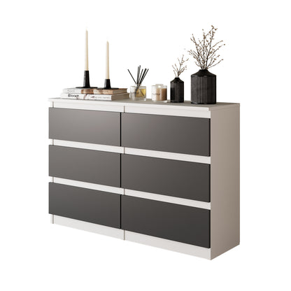 GABRIEL - Commode 6 Tiroirs - Buffet de Chevet - H71 cm L100 cm P33 cm (Blanc Matt / Anthracite)