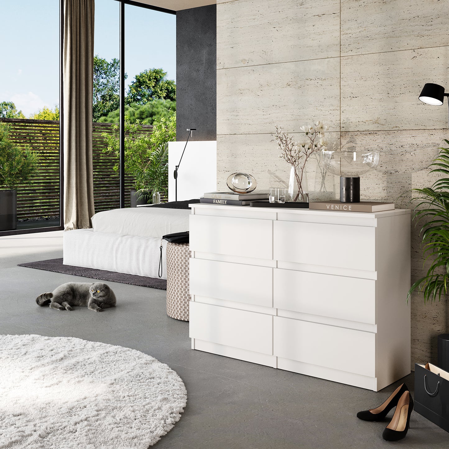 GABRIEL - Commode 6 Tiroirs - Buffet de Chevet - H71 cm L100 cm P33 cm (Blanc)