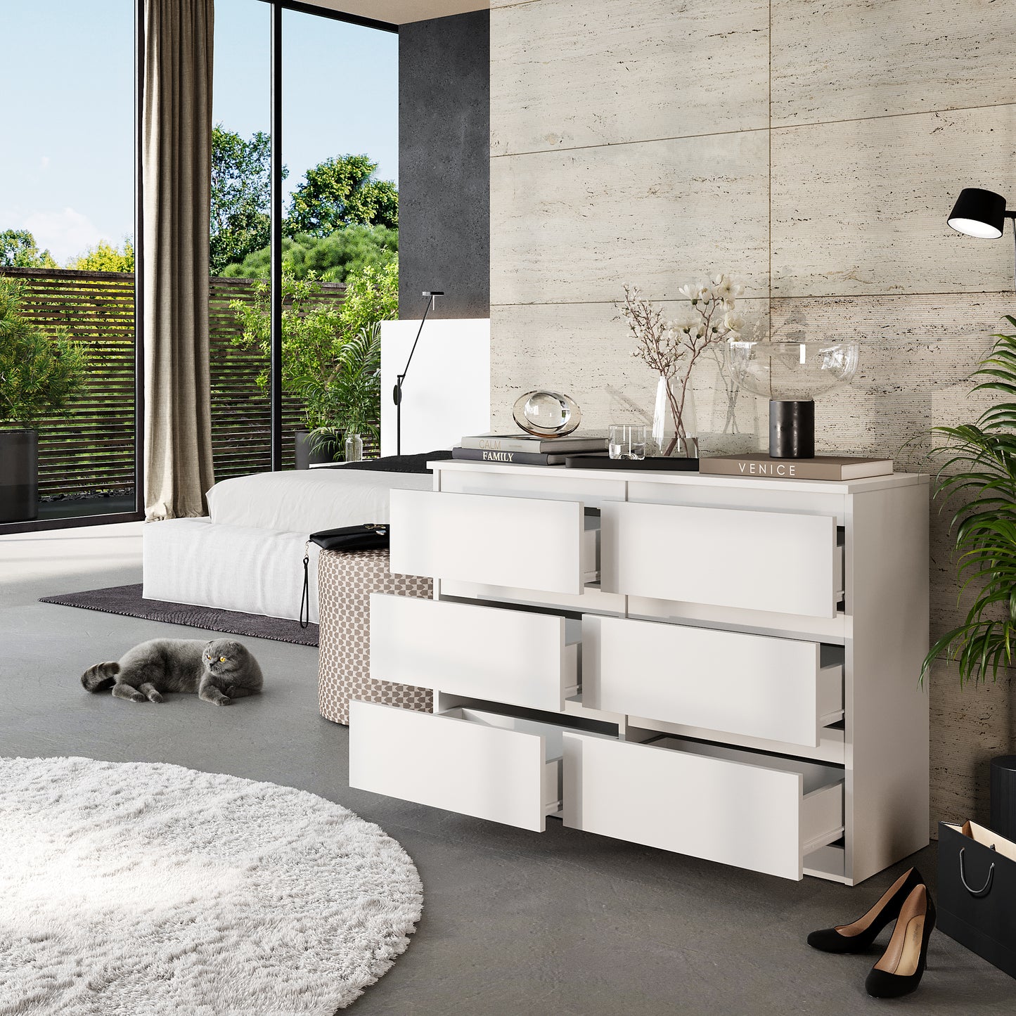 GABRIEL - Commode 6 Tiroirs - Buffet de Chevet - H71 cm L100 cm P33 cm (Blanc)