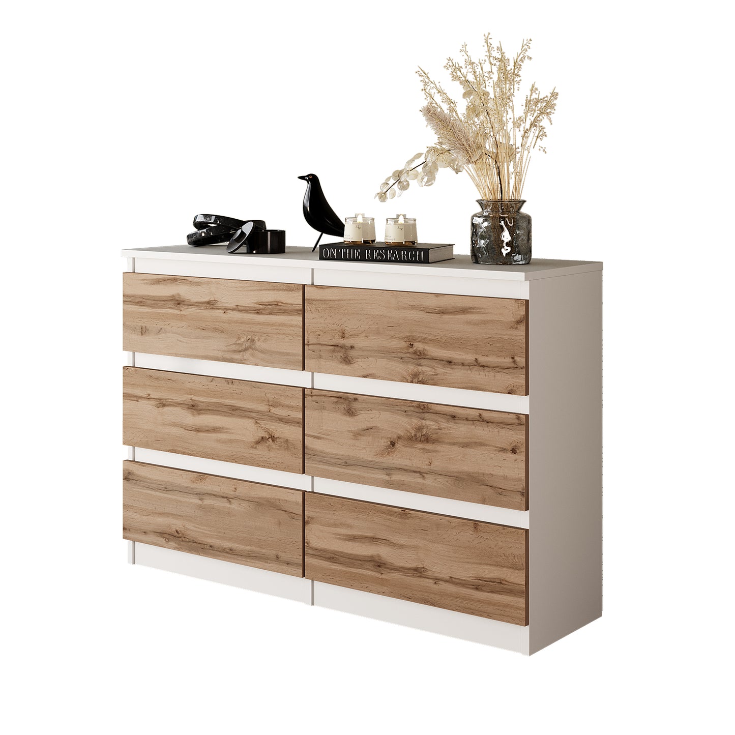 GABRIEL - Commode 6 Tiroirs - Buffet de Chevet - H71 cm L100 cm P33 cm (Blanc Matt / Chêne Wotan)