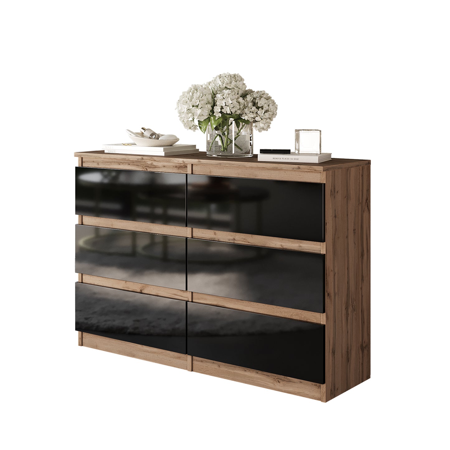 GABRIEL - Commode 6 Tiroirs - Buffet de Chevet - H71 cm L100 cm P33 cm (Chêne Wotan / Noir Brillant)