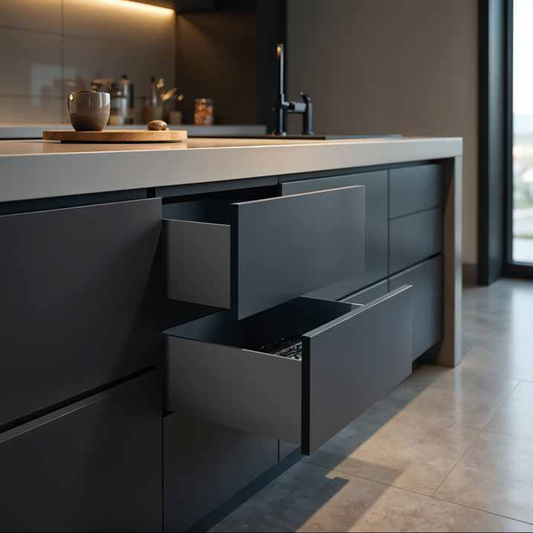 Système de tiroir à fermeture amortie Slim Box 40 kg, pour panneaux 16 et 18 mm, 250-550mm