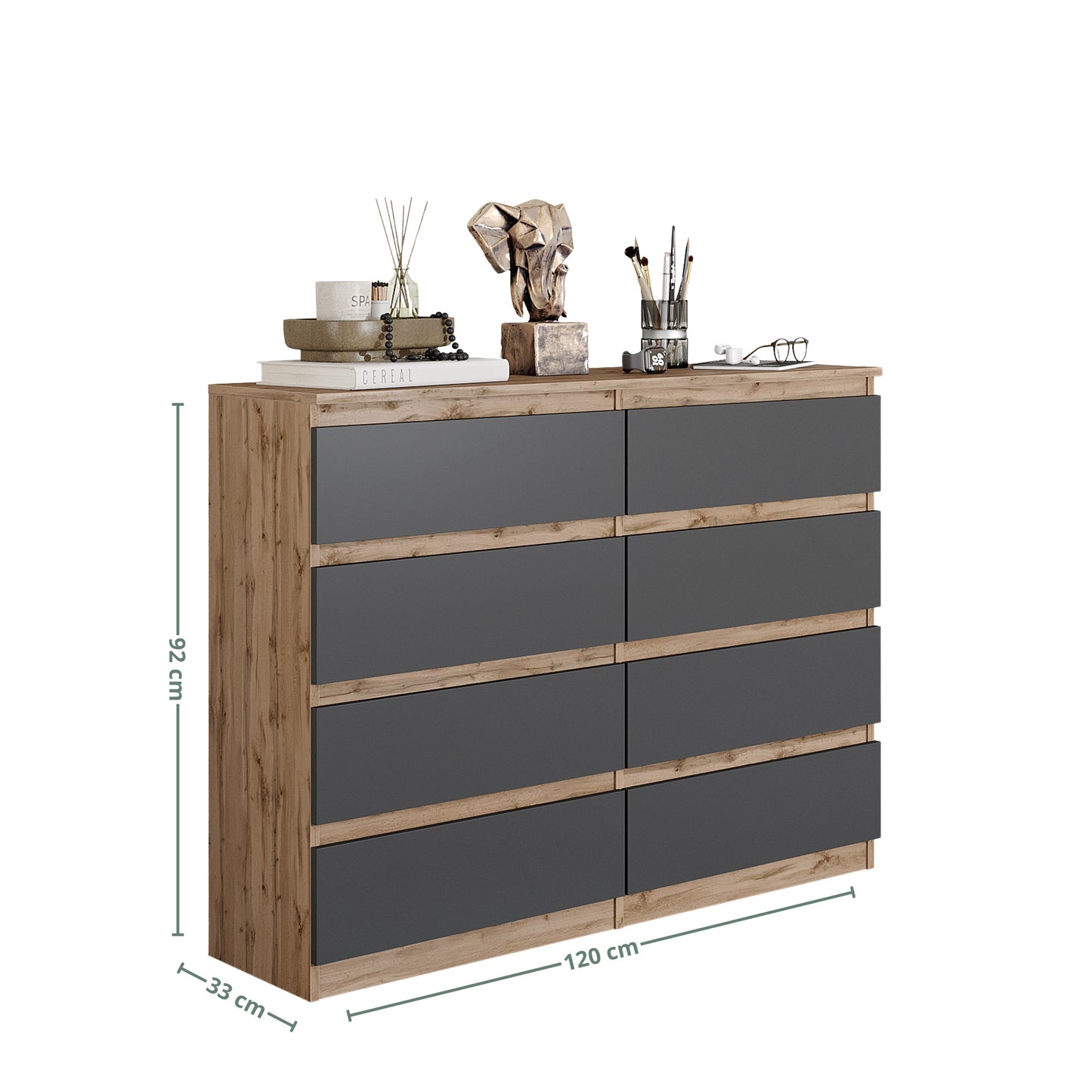 GABRIEL - Commode 8 Tiroirs - Buffet de Chevet - H92 cm L120 cm P33 cm (Chêne Wotan / Anthracite)