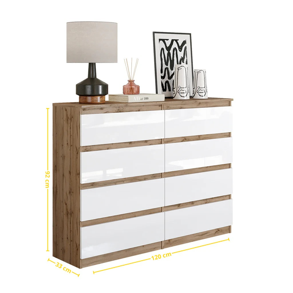 GABRIEL - Commode 8 Tiroirs - Buffet de Chevet - H92 cm L120 cm P33 cm (Chêne Wotan / Blanc Brillant)