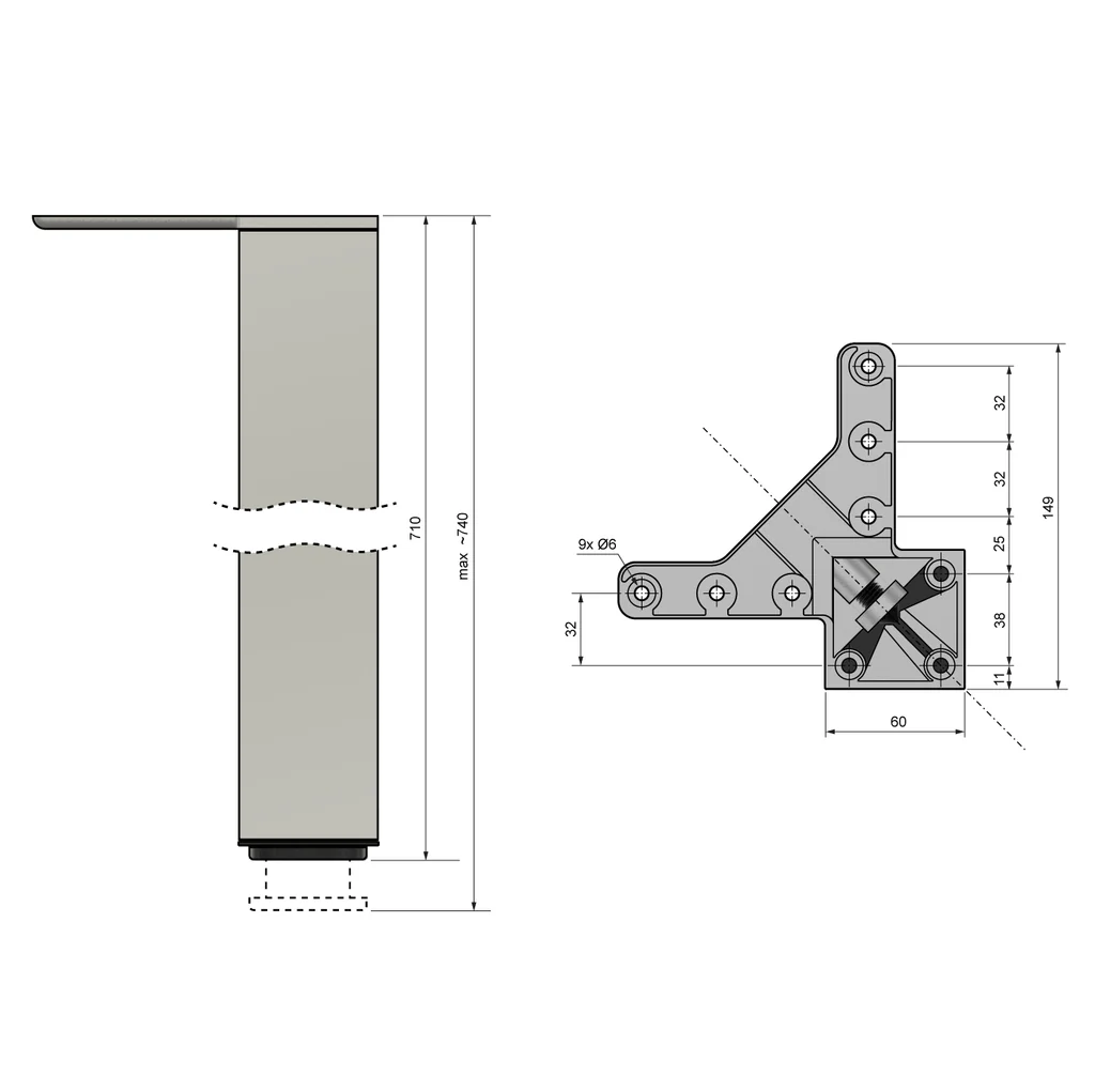 Pied de meuble carré réglable 710mm, Plaque de montage ZnAl - Satiné