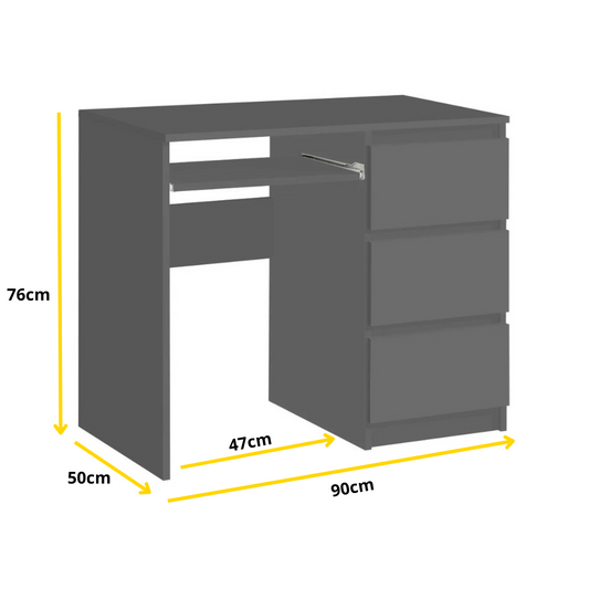 BRUNO - Bureau d'ordinateur - 3 Tiroirs et Plateau pour Clavier - H76cm L90cm P50cm - Droit (Anthracite)