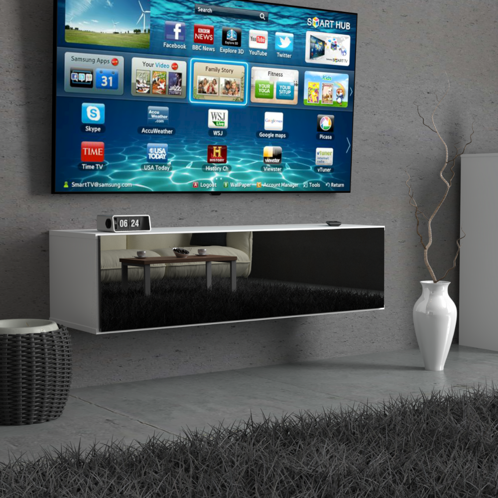 NICOLE - Meuble TV avec Porte Large H38cm L140cm P35cm - Blanc / Noir Brillant