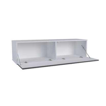 NICOLE - Meuble TV avec Porte Large H38cm L140cm P35cm - Blanc / Anthracite Brillant