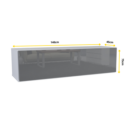NICOLE - Meuble TV avec Porte Large H38cm L140cm P35cm - Blanc / Anthracite Brillant