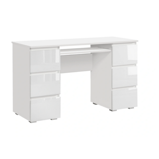 CUBA - Bureau d'ordinateur - 6 Tiroirs à Ouverture par Pression et Plateau pour Clavier - H78cm L130cm P50cm (Blanc/Blanc Brillant)