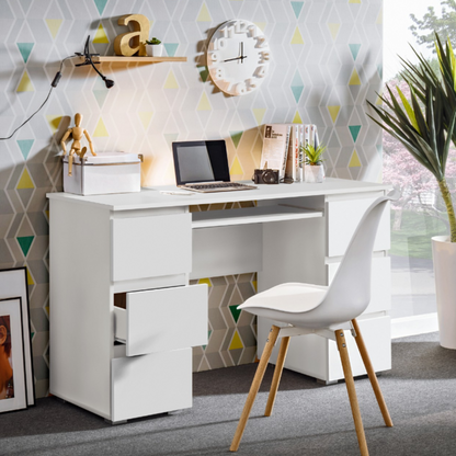 CUBA - Bureau d'ordinateur - 6 Tiroirs à Ouverture par Pression et Plateau pour Clavier - H78cm L130cm P50cm (Blanc)