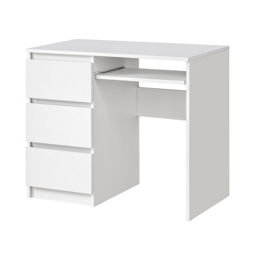 BRUNO - Bureau d'ordinateur - 3 Tiroirs et Plateau pour Clavier - H76cm L90cm P50cm - Gauche (Blanc)