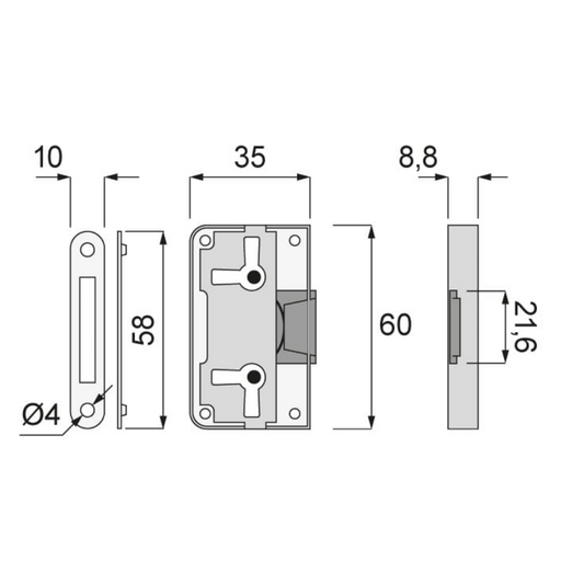 Serrure de meuble 35x60mm - Nickel satiné