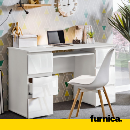 CUBA - Bureau d'ordinateur - 6 Tiroirs à Ouverture par Pression et Plateau pour Clavier - H78cm L130cm P50cm (Blanc/Blanc Brillant)