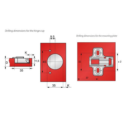 165° Charnière fermeture silencieuse, H2 plaque de montage avec vis EURO, portes superposées Soft Close Furnica 