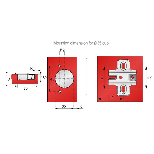 165º Charnière, H2 plaque de montage avec vis EURO, portes superposées Standard Furnica 