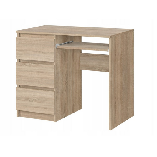 BRUNO - Bureau d'ordinateur - 3 Tiroirs et Plateau pour Clavier - H76cm L90cm P50cm - Gauche (Chêne Sonoma)