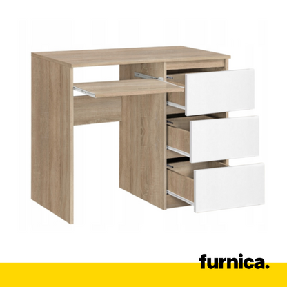 BRUNO - Bureau d'ordinateur - 3 Tiroirs et Plateau pour Clavier - H76cm L90cm P50cm - Droit (Chêne Sonoma/Blanc)