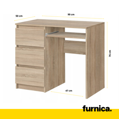 BRUNO - Bureau d'ordinateur - 3 Tiroirs et Plateau pour Clavier - H76cm L90cm P50cm - Gauche (Chêne Sonoma)