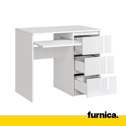 BRUNO - Bureau d'ordinateur - 3 Tiroirs et Plateau pour Clavier - H76cm L90cm P50cm - Droit (Blanc/Blanc Brillant)