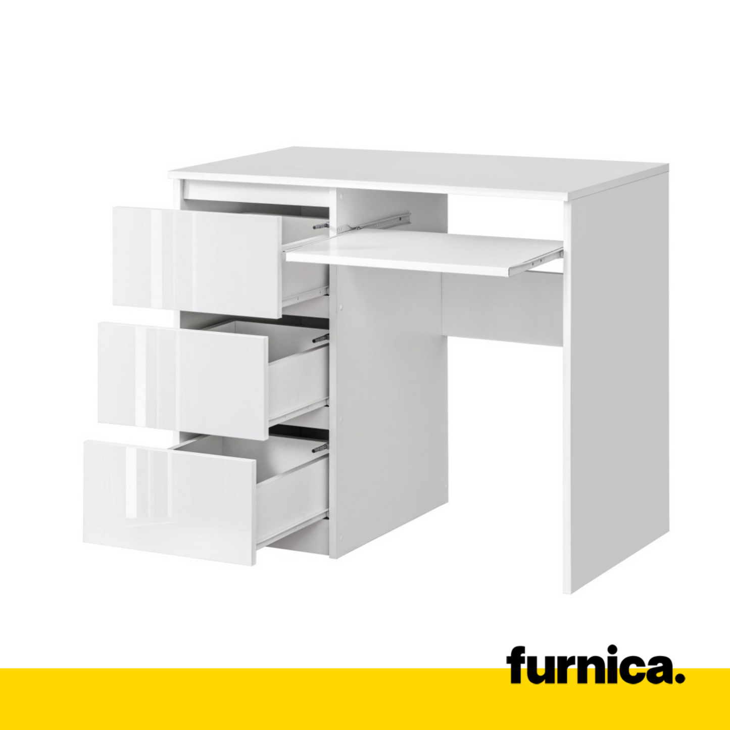BRUNO - Bureau d'ordinateur - 3 Tiroirs et Plateau pour Clavier - H76cm L90cm P50cm - Gauche (Blanc/Blanc Brillant)