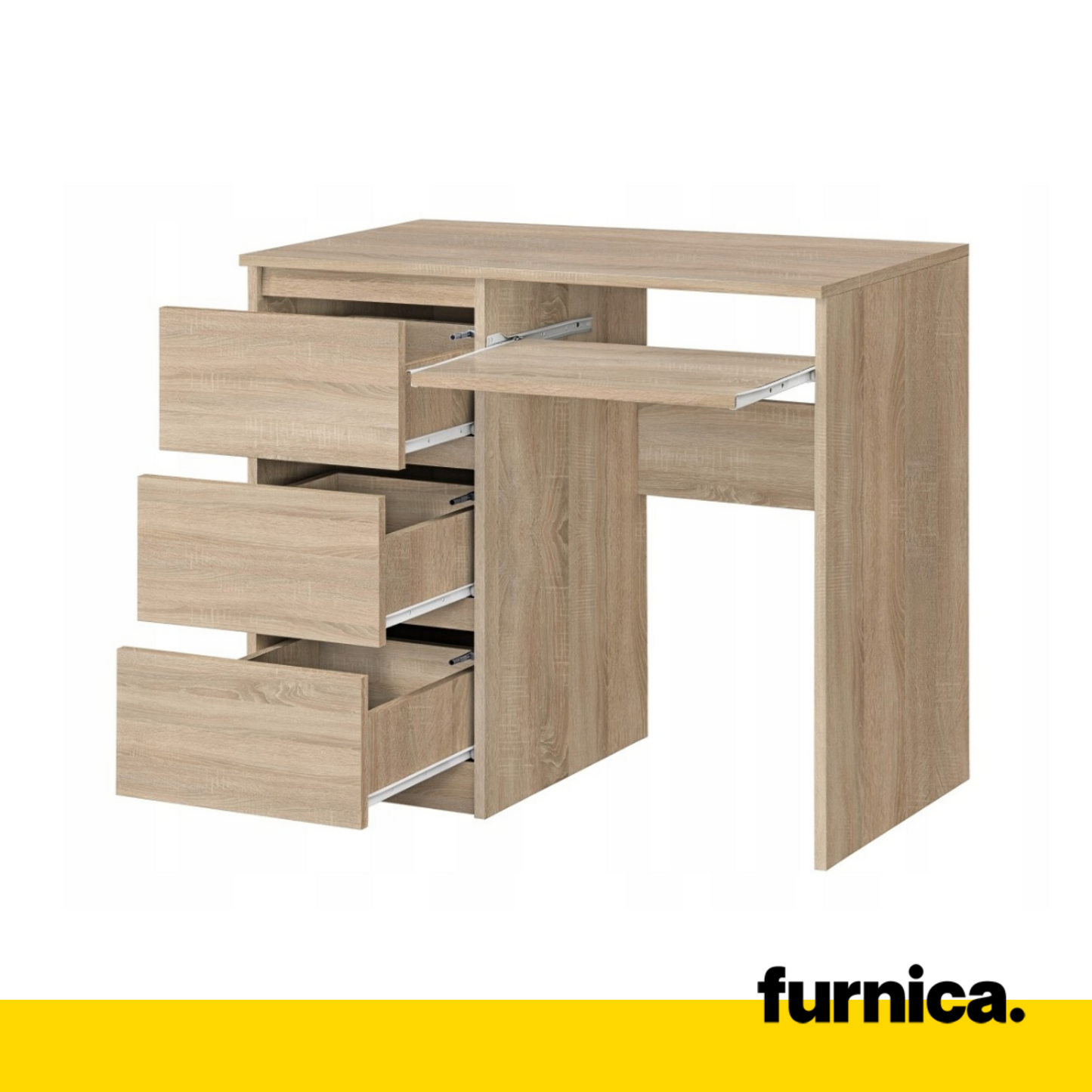 BRUNO - Bureau d'ordinateur - 3 Tiroirs et Plateau pour Clavier - H76cm L90cm P50cm - Gauche (Chêne Sonoma)