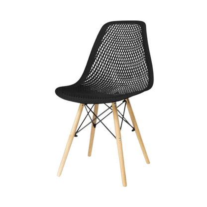 LUCA - Chaise de Salle à Manger / Bureau en Plastique Perforé avec Pieds en Bois - Noir