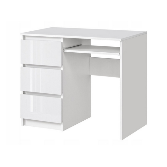 BRUNO - Bureau d'ordinateur - 3 Tiroirs et Plateau pour Clavier - H76cm L90cm P50cm - Gauche (Blanc/Blanc Brillant)