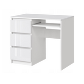 BRUNO - Bureau d'ordinateur - 3 Tiroirs et Plateau pour Clavier - H76cm L90cm P50cm - Gauche (Blanc/Blanc Brillant)